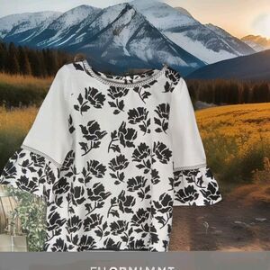 ColdWater Creek Blouse Sz PM Linen Blend Bell Sleeve Black/White Floral